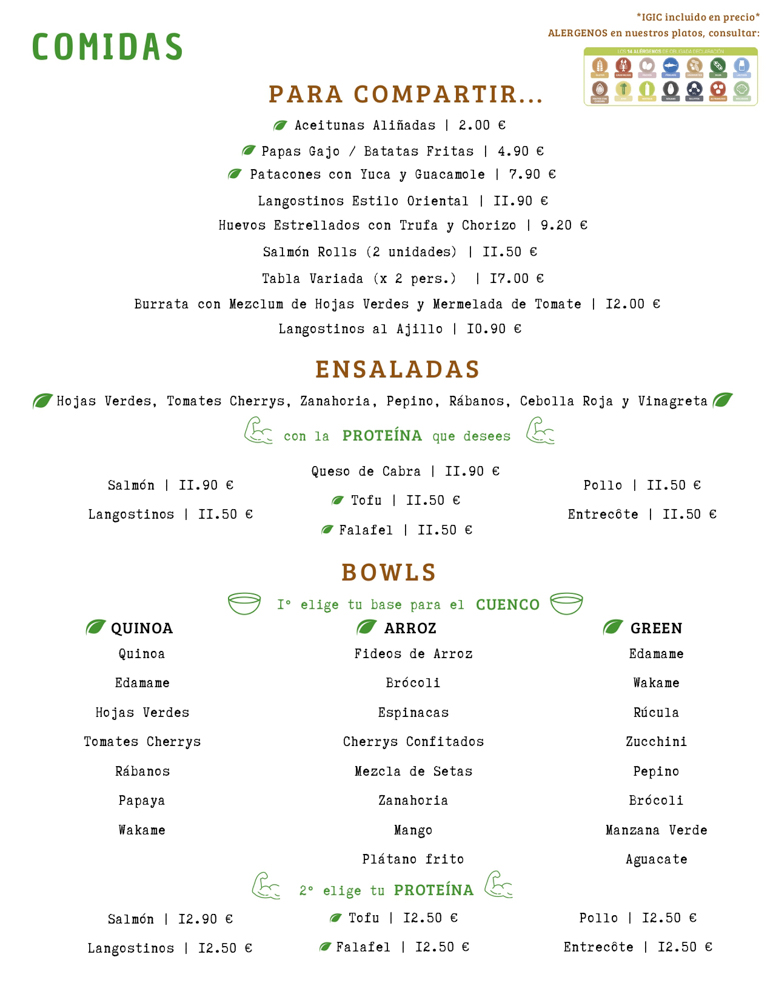 menu de roots en español comidas