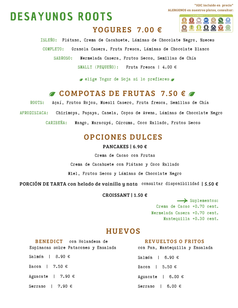 menu de roots en español desayunos