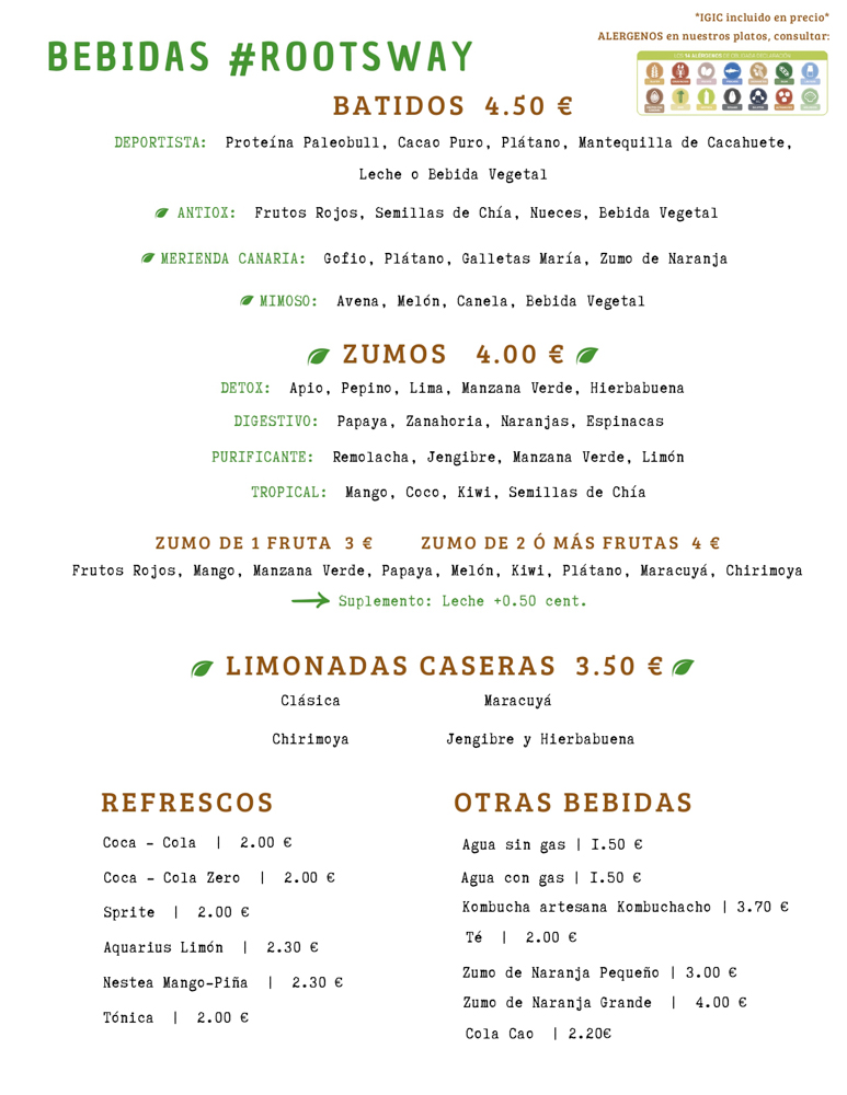 menu de roots en español bebidas