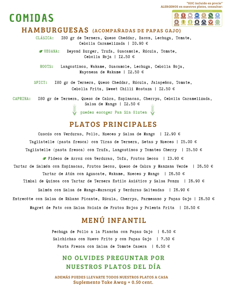 menu de roots en español comidas