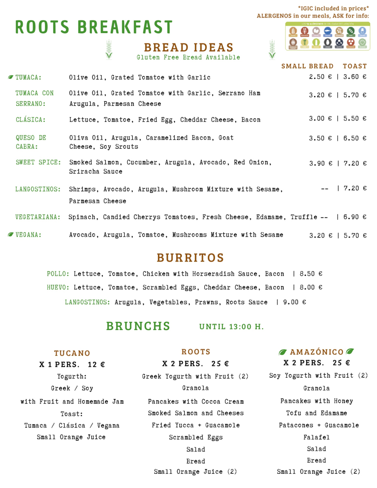 menu de roots en inglés breakfast